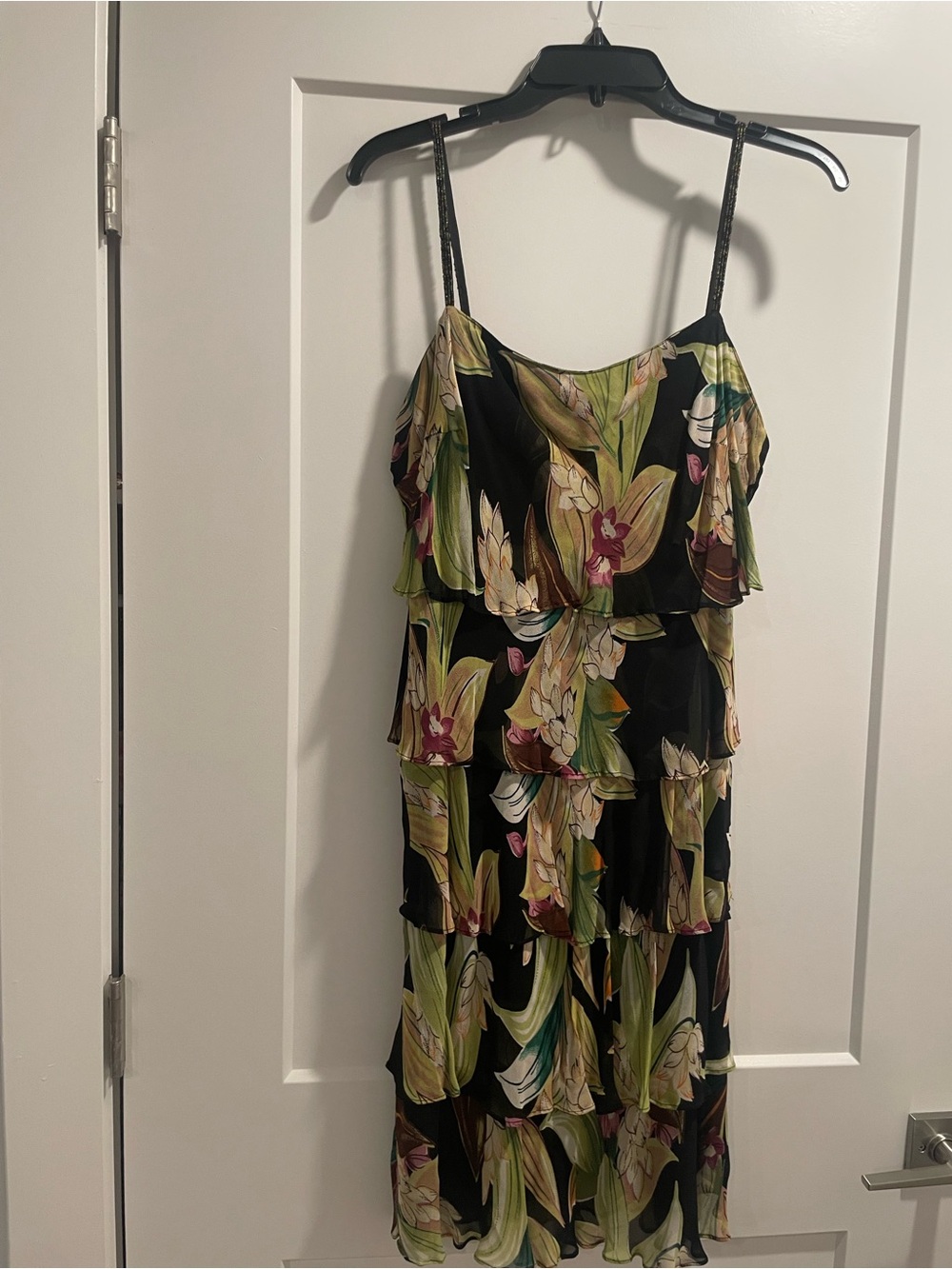 Vintage Eva Blue Floral Tiered Dress with Beaded Spaghetti Straps